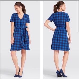 Draper James Nassau Blue Buffalo Plaid Faux Wrap Dress